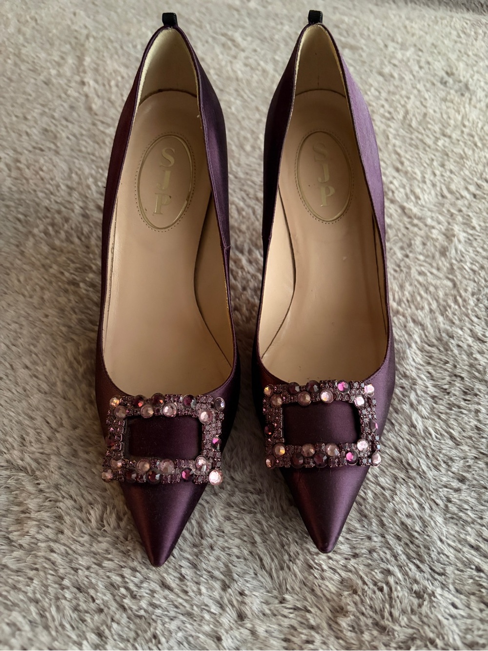 SJP by Sarah Jessica Parker Plum Satin Pointed Toe Jeweled Pumps